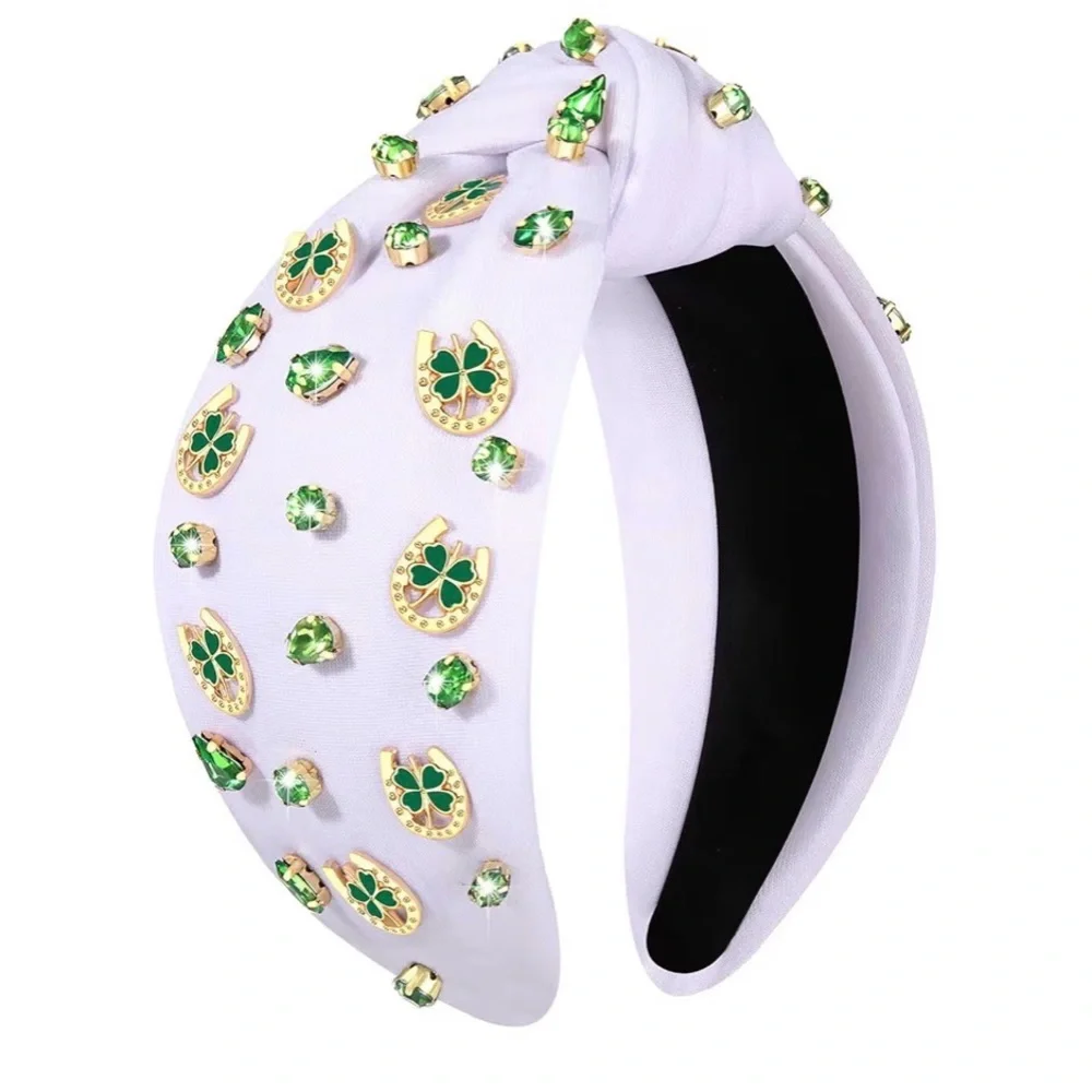 NWT White Knotted Headband with Green Gem Shamrock Horseshoe Accents